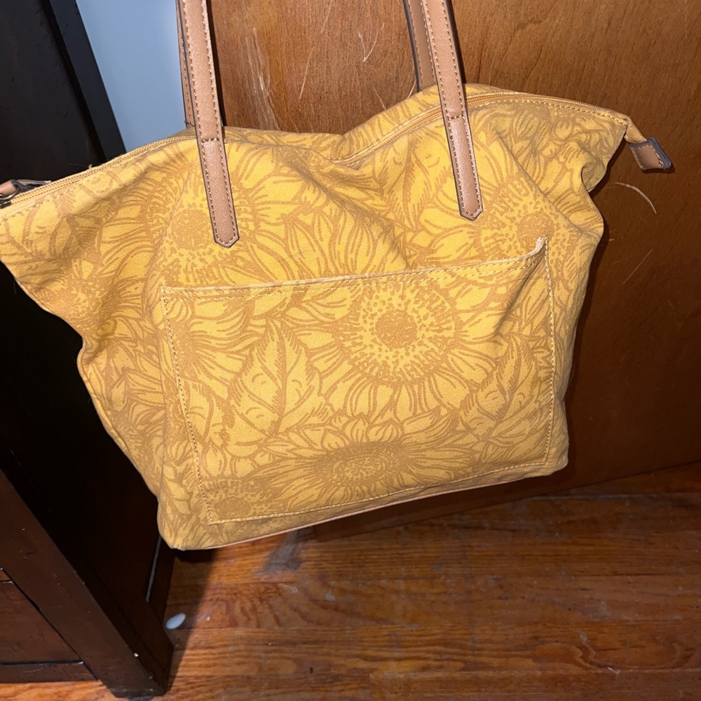 Sunflower-Print Yellow Tote Bag with Tan Straps - Picture 2 of 4
